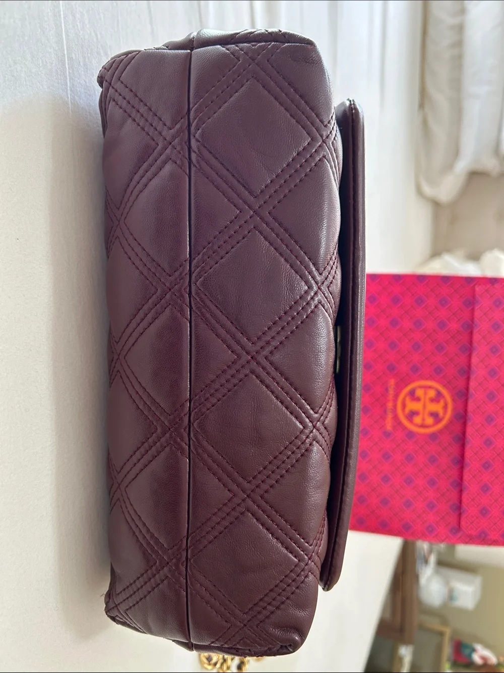 Tory Burch Fleming Quilted Convertible Shoulder Bag in Burgundy with Gold Chain